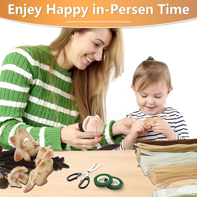 400 Pcs Pipe Cleaners Craft,5 Assorted Colors Pipe Cleaners Bulk, Chenille Stems for DIY Flower Making Kit with Floral Wires, Gardening Tape,Stamen& Ribbon (Brown)