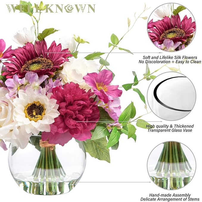 Artificial Flowers Centerpieces in Glass Vase with Fake Water, Silk White Rose Sunflowers Peony Bouquet with Vase for Birthday Party Wedding Dinning Table Office Hotel Decor (Fuchsia Mixed Plus)