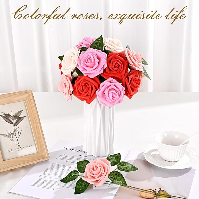BLEUM CADE 16Pcs Artificial Flowers Fake Roses with Stems, Gradient Red & Pink Boxed Foam Roses for DIY Bouquets Centerpieces Wedding Party Arrangement Bridal Shower Decor