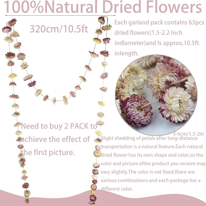 Dried Flowers Garland Pink Real Daisy Sunflower Garlands 10.5ft 63 Pcs Natural Dried Daisy Flowers Heads Gerbera Daisies Dry Flower Arrangements for Wedding Boho Decor Home Party Wall Hanging