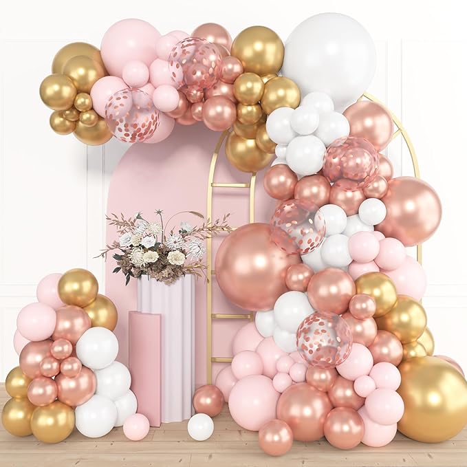 Amandir 153pcs Rose Gold Balloon Garland Arch Kit, Different Sizes 18 12 10 5 inch Pink White Gold Latex Metallic Confetti Balloons for Girls Graduation Birthday Bridal Baby Shower Party Decorations