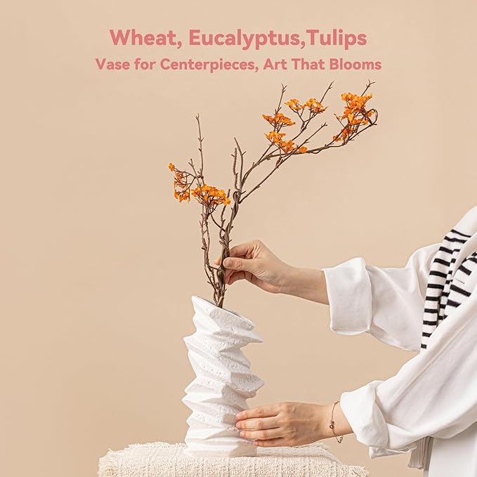 White Ceramic Vase with Spiral Wave Texture - 10" Unique Flower Vase for Pampas Grass & Centerpieces, Decorative Boho/Farmhouse Vase for Living Room, Office Desk & Housewarming Gift (for Her/Yourself)