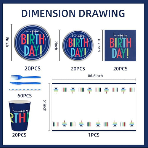 141pcs Dark Blue Happy Birthday Decoration Dark Blue Birthday Decorations Plates Napkins Forks Knives Straws Tablecloth Cups for Men Women Birthday Party Supplies,Suitable for 20 Guests