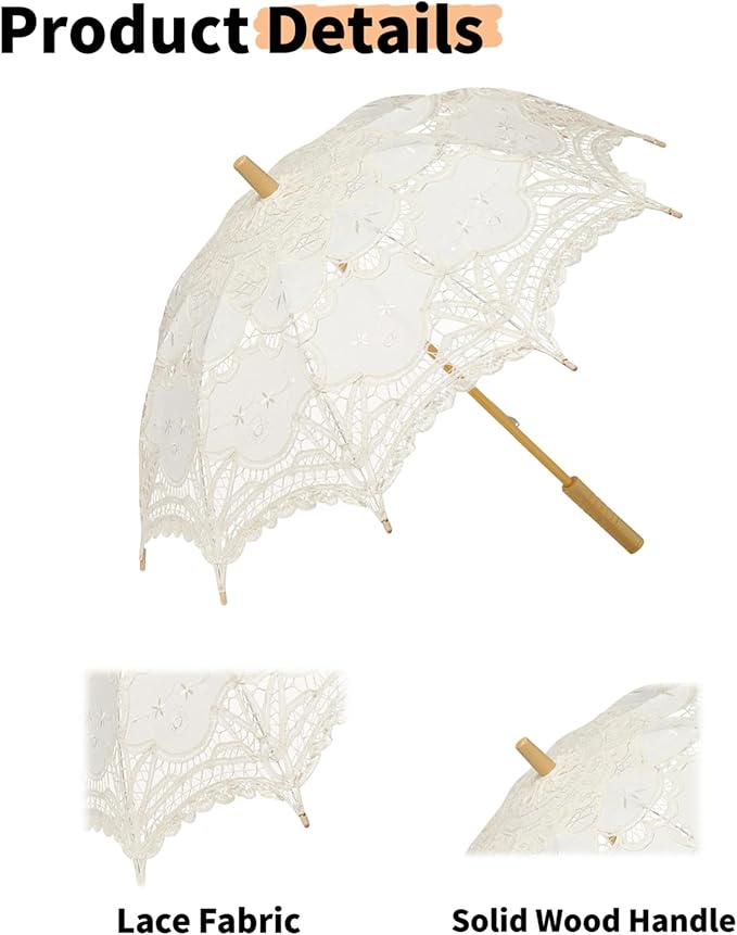 Lace Parasol Umbrella 32 Inch – Victorian Style Bridal Wedding Sunshade for Women, Lace Umbrella for Photoshoot, Tea Party, Costume, Outdoor Decoration