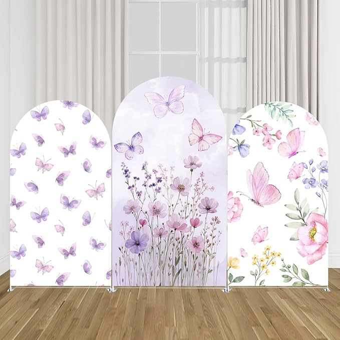 KONPON Purple Butterfly Arched Backdrop Fabric Cover Spring Arch Cover for Girls Birthday Baby Shower Decoration Supplies (No Stand!)