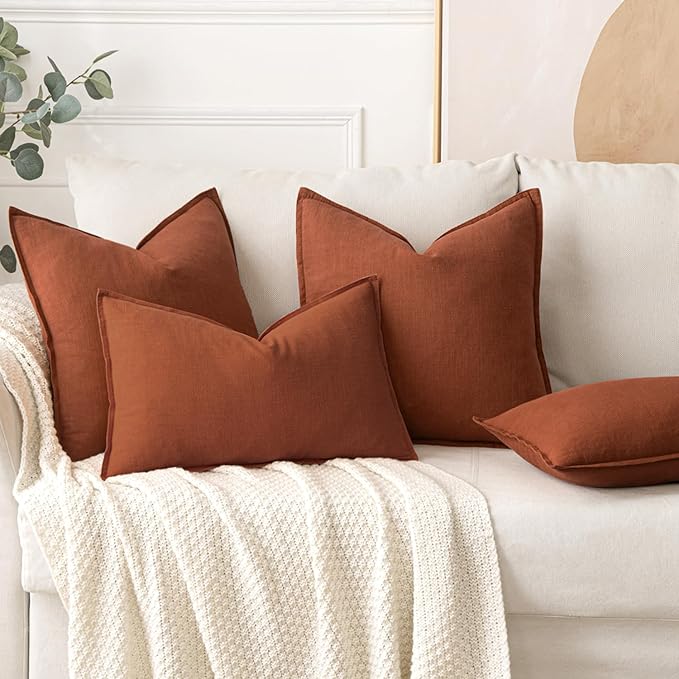 MIULEE Decorative Linen Lumbar Pillow Covers 12x20 Inch Rust Boho Farmhouse Neutral Couch Throw Pillows for Bed Pack of 2 Accent Modern Pillowcase Summer Sofa Livingroom Home Decor