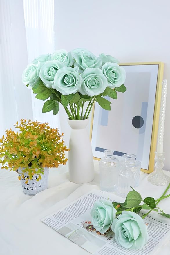 12pcs Roses Artificial Flowers Real Touch Fake Flowers with Long Stems Silk Flowers for Wedding Bouquet Centerpices Decorations Party Bridal Baby Shower Home Decor (Sage Green)