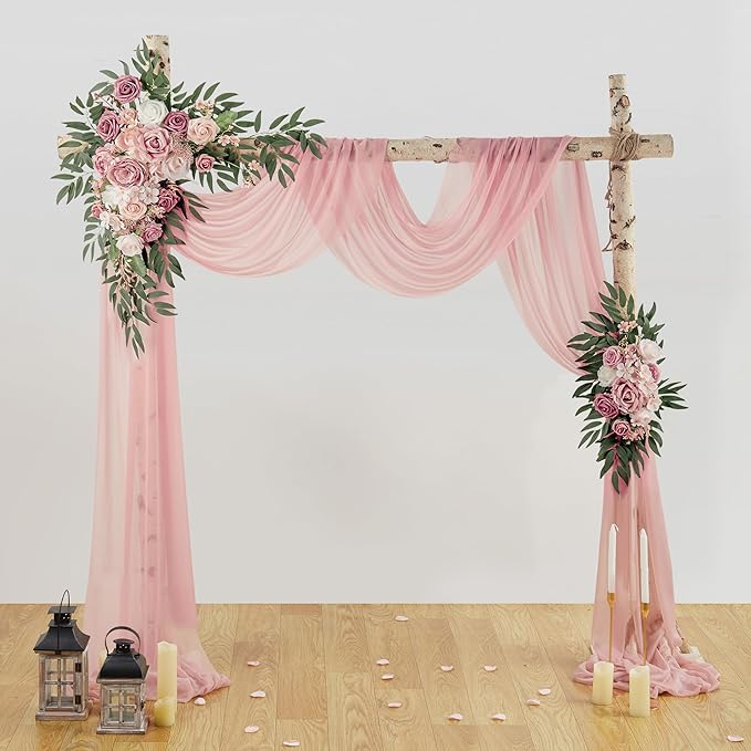 Wedding Arch Flowers with Drapes Kit (Pack of 3) - 2pcs Artificial Dusty Pink Deluxe Swag with 1pcs Sheer Drapes for Wedding Ceremony Backdrop Rose Floral Decoration Arbor Reception