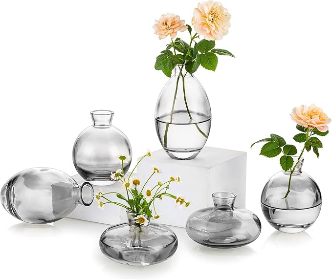 Glass Bud Vase for Centerpieces, 6Pcs/2Sets Glasseam Modern Gray Mini Small Vases for Flowers Bulk Flower Vase Set Aesthetic Cute Handmade Tiny Short Wedding Table Centerpiece Decor