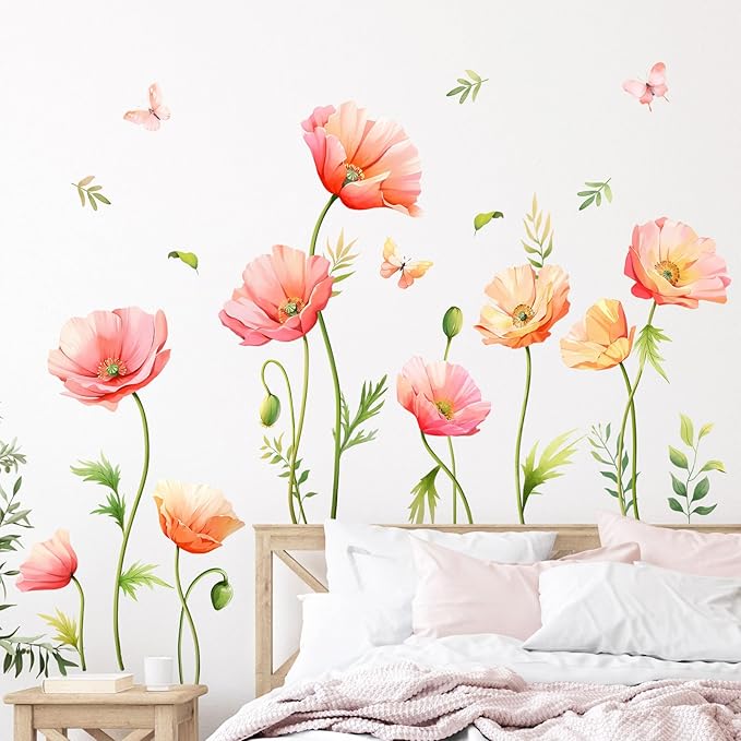 Large Pink Floral Wall Decals Poppy Flower Butterfly Wall Stickers Peel and Stick Autumn Floral Wall Art Decor for Living Room Bedroom Office TV Sofa Backdrop Home Decor Gifts for Mom