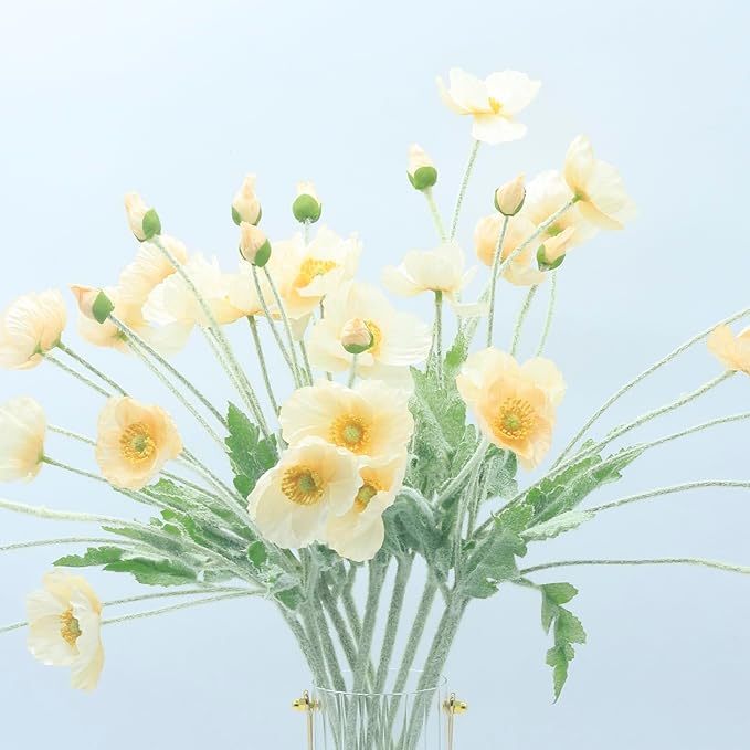 2 Pcs Artificial Fake Flowers Poppies Silk Flower Arrangements Wedding Bouquets Decorations Plastic Floral Table Centerpieces for Home Kitchen Garden Party Decor Approx 23.6" High - Light Champagne