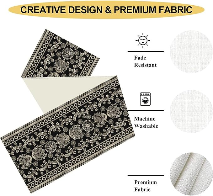 Black Paisley Table Runner, Retro Damask Boho Floral Print Linen Table Center Decor Family Kitchen Outdoor Farmhouse Holiday Party Table Decorations 13x108 inch