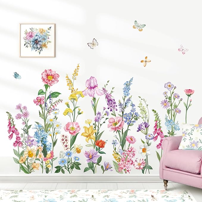 wondever Garden Flower Wall Stickers Wildflower Iris Daisy Floral Butterflies Peel and Stick Wall Art Decals for Bedroom Living Room Sofa