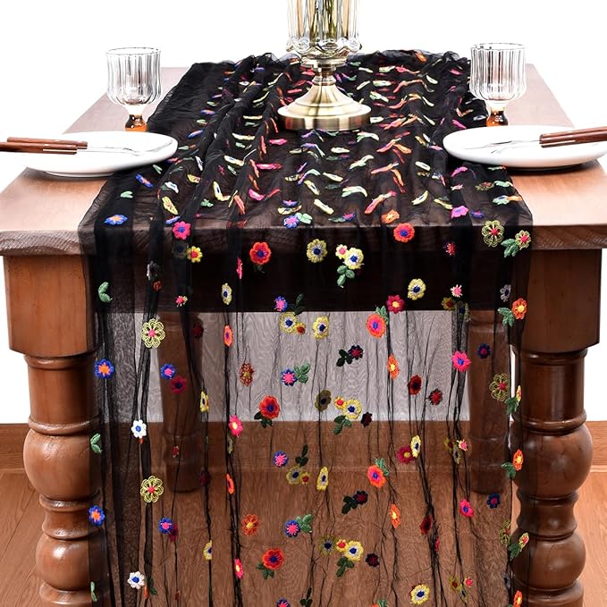 Joanlody Black Embroidery Daisy Christmas Table Runner 10ft Florals Seasonal Tulle Table Runner Holiday Kitchen Dining Table Decoration for Home Party Indoor