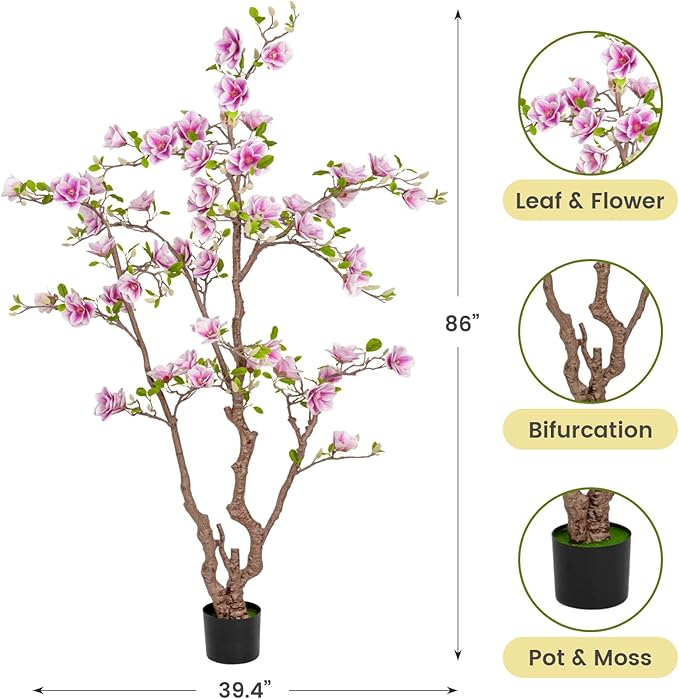 Faux Magnolia Tree 6.8 ft - with 57 Pcs White-Purple Flowers - Tall Artificial Plants Indoor, Large Fake Plant Perfect Potted Magnolia Flower Decor for Living Room, Stairs, Shop, Porch, Study Room