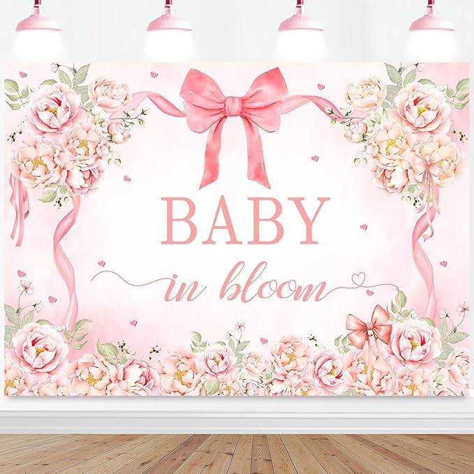 InMemory Pink Floral Baby Shower Backdrop for Girls Coquette Bow Flowers Love Hearts Gender Reveal It's a Girl Newborn Baby in Bloom Sign Banner Party Decorations Background 7x5ft