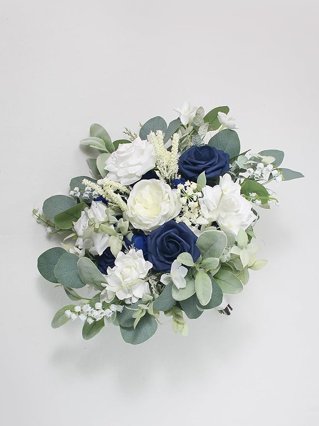Rinlong 11.8" Wide Navy Blue Wedding Bouquets for Bride Blue White Bridal Bouquet for Wedding Artificial Flowers Bouquets