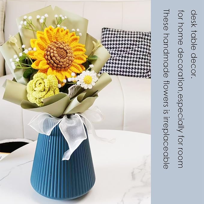 Handmade Crochet Sunflowers Rose Daisy as a Gift for Lover, Family,Friends. Crochet Bouquet, Crocheted Yarn Flowers, Artificial Flower Finished Bouquet (Yellow&Brown)