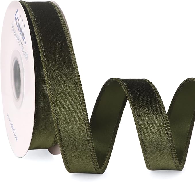 Ribbli Moss Green Velvet Wired Ribbon 1 Inch Velvet with Satin Christmas Ribbon for Gift Wrapping Christmas Tree Decoration Crafts Wreaths Supplies-Continuous 10 Yards