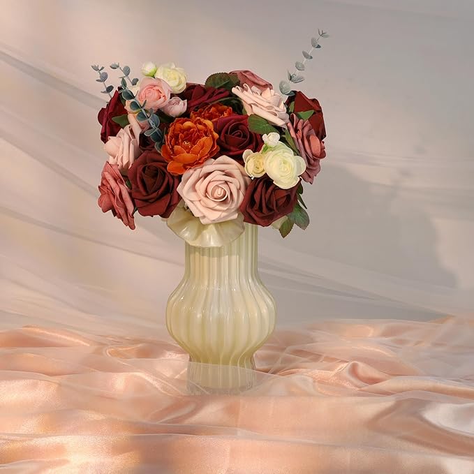 SITUMEIZI Roses Artificial Flowers Combo Burgundy Flowers Mix Silk Foam Flowers Peony with Stems for DIY Bridal Wedding Bouquet Baby Shower Party Home Decor Floral Arrangements 27pcs
