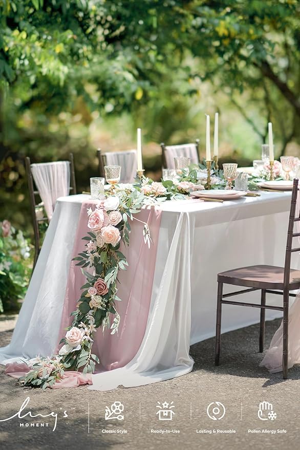 Ling's moment Flower Garland - 6FT Eucalyptus & Rose - Pink Sweetheart Table Decor for Wedding Reception, Artificial Floral Garland for Mantle, Thanksgiving, Christmas Decoration, Dusty Rose