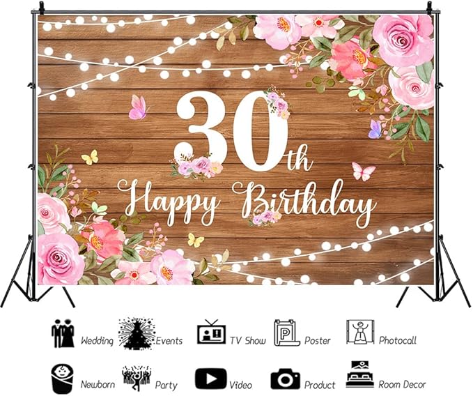 Happy 30th Birthday Decorations for Her Rustic Wooden Happy 30th Birthday Banner Backdrop Pink Floral 30 Years Old Party Decoration Photography Banner Supplies 7x5Ft