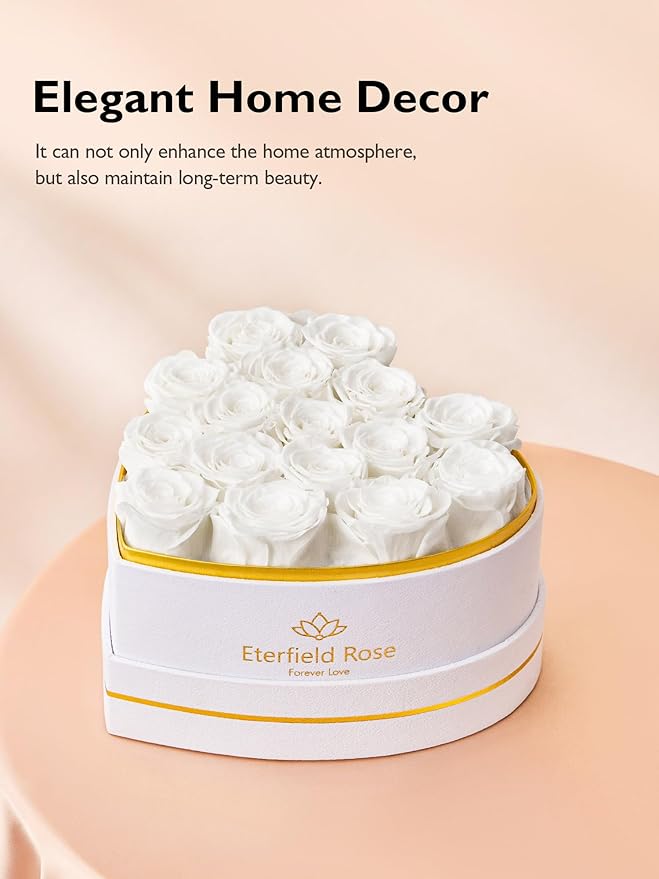 Eterfield 16 Forever Flowers in Heart Shape Box, Preserved Roses That Last a Year Preserved Flowers Birthday Gifts for Her Mom Women Wife Anniversary Valentines Day Mothers Day Christmas, White
