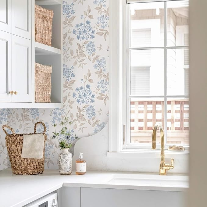 Heroad 17.3''x32.8ft Boho Floral Wallpaper Blue/Beige Peel and Stick Wallpaper Neutral Leaf Contact Paper Removable Self Adhesive Wall Paper for Cabinet Bedroom Bathroom Waterproof Decor Vinyl Roll