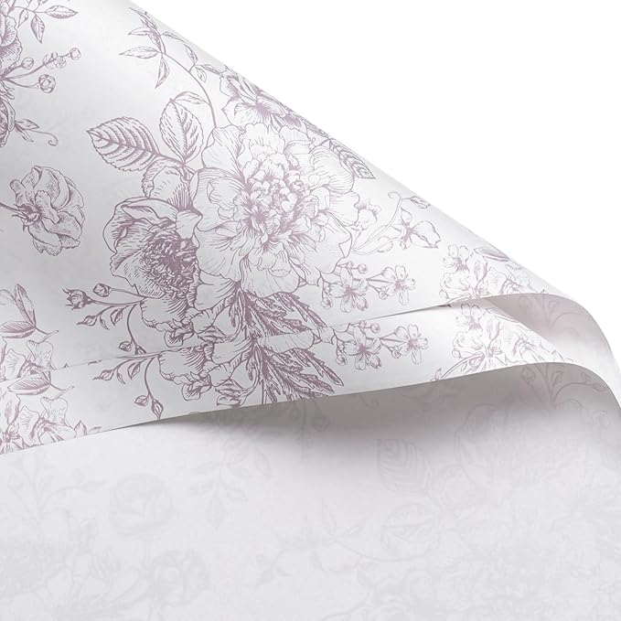WRAPAHOLIC 20 Sheets Flower Wrapping Paper - 22.4 x 22.4 inch Light Purple Vintage Floral Printed Water-Resistant Floral Bouquet Wrapping Paper, Florist Supplies Packaging for Wedding Birthday DIY