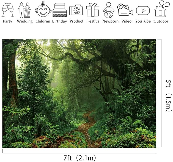 Riyidecor Jungle Rainforest Backdrop Fabric Polyester Spring Enchanted Nature Trees Green Dreamland Dirt Road Photography Background 7Wx5H Feet Decoration Props Party Photo Shoot Backdrop