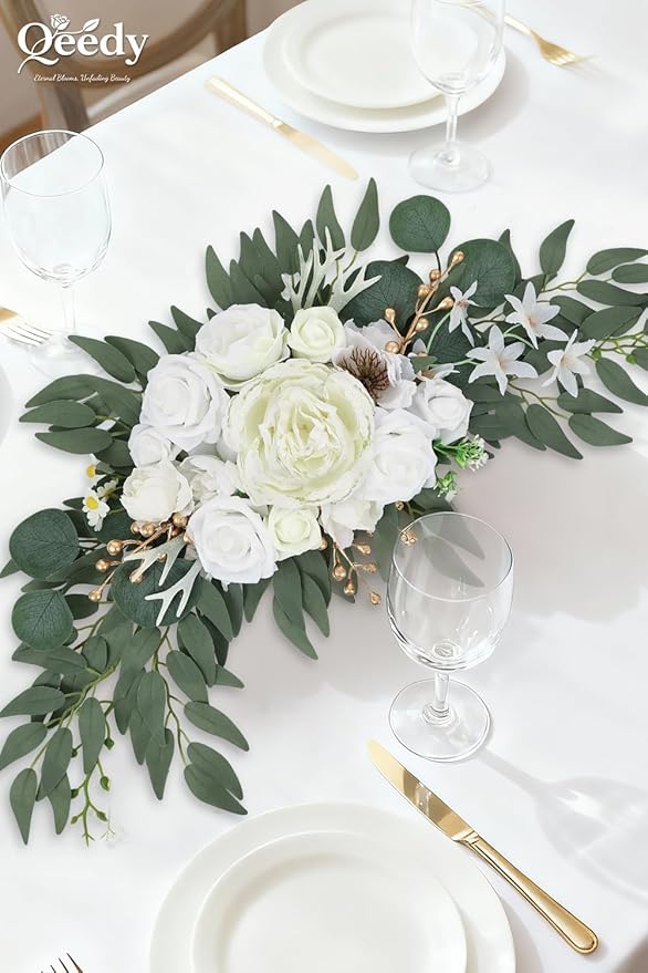 Wedding Arch Flowers Set of 2, Artificial Wisteria & Greenery Garland for Wedding Ceremony Backdrop, Wedding Floral Arrangement for Arch, Photo Booth & Reception Decor (White)