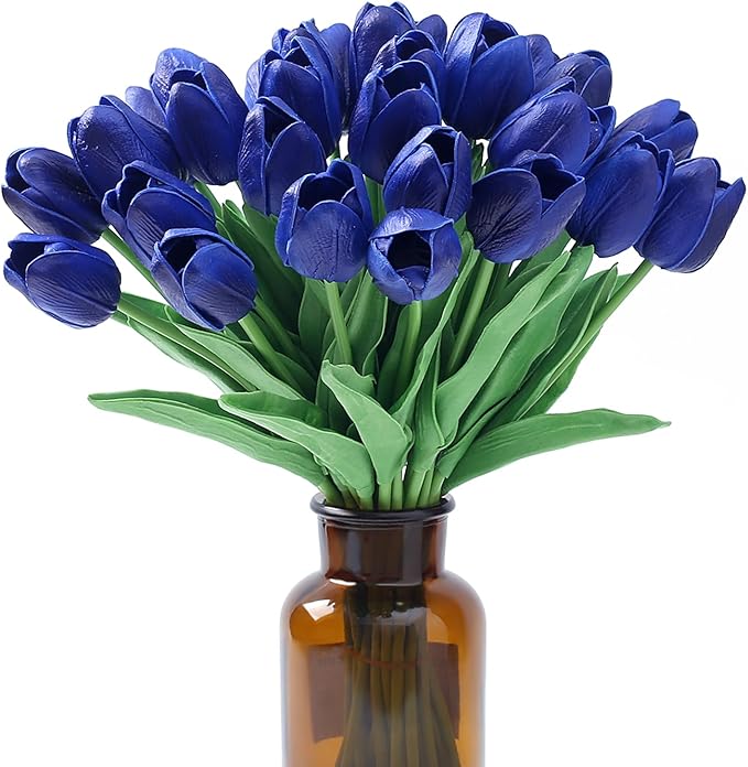 SITUMEIZI 15pcs Tulips Fake Blue Artificial Flowers Real Touch 14" Silk Flower for Home Decor Spring Easter Wedding Bouquet Decorations Floral Arrangements(Deep Blue)