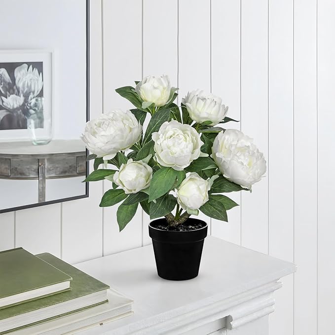 Hollyone White Fake Peonies Artificial Flowers in Pot 16.9" Small Peonies Tree Indoor Outdoor Faux Plants & Flowers Peony Silk Flowers Potted Plant Artificial Peony Floral Arrangement Desk Home Decor