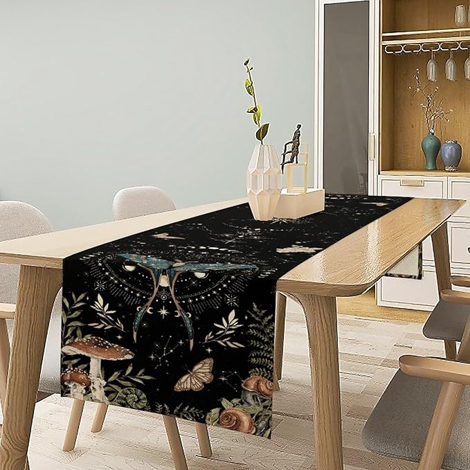 Gothic Moth Table Runner, Boho Gothic Sun Moon Phase Mystical Mushroom Floral Witchy Farmhouse Coffee Table Center Decor for Home Kitchen Dining Patio Holiday Party Table Decorations 13x36 inches