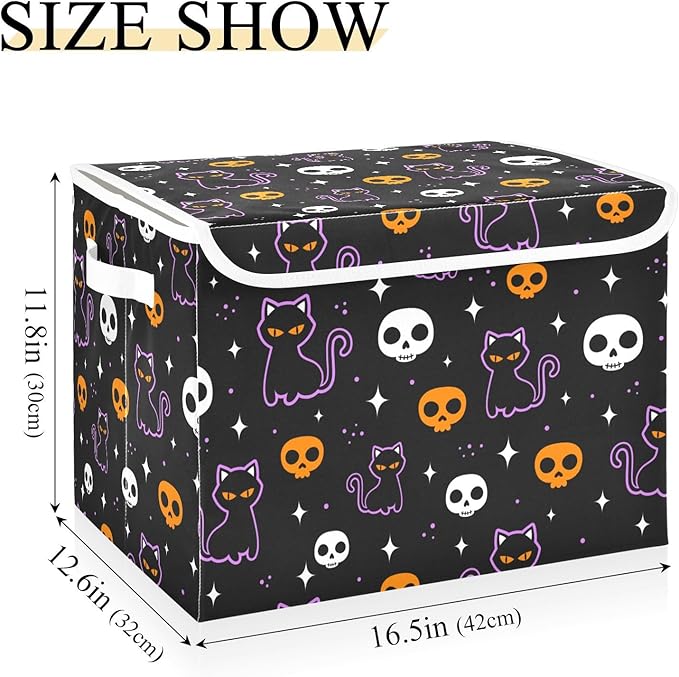 senya Halloween Storage Baskets Collapsible Storage Bins with Lids, Halloween Colored Skulls Black Cat Storage Boxes Clothes Baskets for Organizing, B06D22020