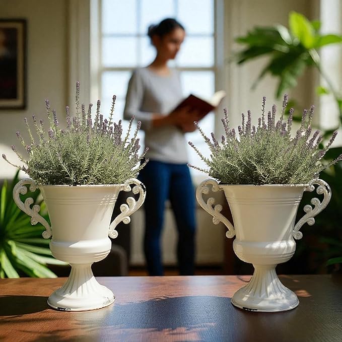 8.3" Shabby Chic European Urn Vase, Distressed Vintage Metal Body with Heavy Cast Iron Double Handles, Romantic Farmhouse Centerpiece for Mantel or Table Decor
