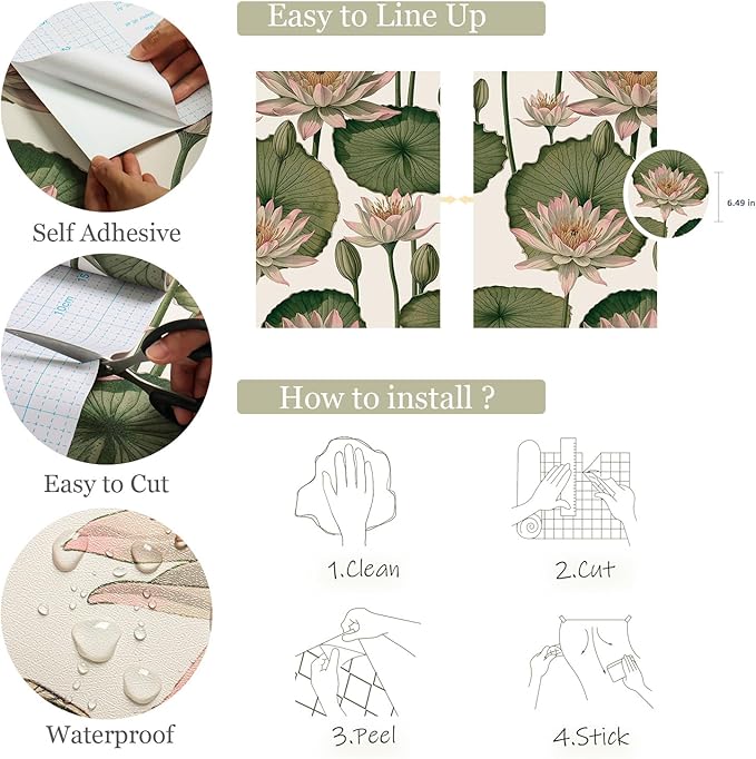 Orainege Floral Wallpaper Peel and Stick Floral Contact Paper Boho 16.9inx196.8in Lotus Flower Wallpaper Removable Self Adhesive Wall Paper for Bedroom Cabinets Decorative