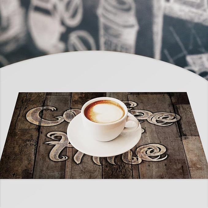 Coffee Place Mats Set of 4,Coffee Time Phrase with A Cup on A Wooden Grunge Background Kitchen Image Placemats for Dining Table 4 PCS, Cafe-1
