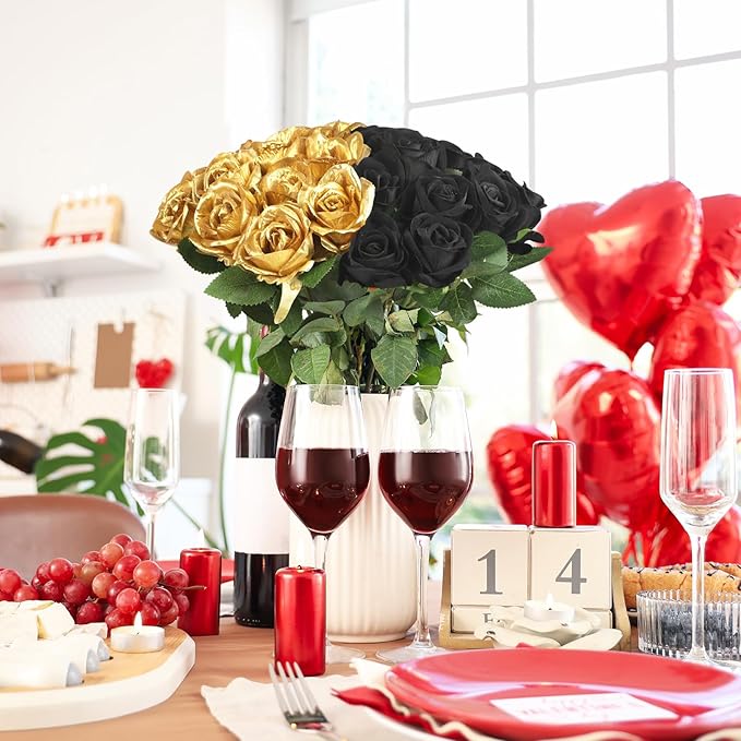 30pcs Fake Roses Artificial Silk Flowers Long Stems Bouquet for Wedding Bridal Shower Party Home Decoration (Black + Gold)