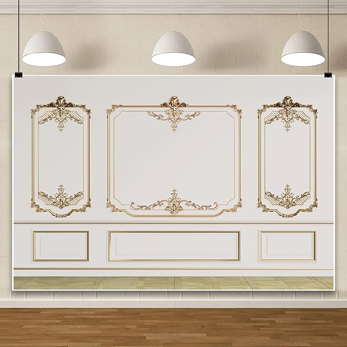 AOFOTO Vintage Room Inside Backdrop Modern French Classic Frame White Walls Gold Embossed Floral Photo Background Wedding Bridal Shower Reception Drama Portrait Photoshoot Backdrop Props 8x6ft