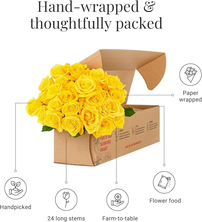 BloomsyBox - Yellow Roses,24 Long Stems, Long Lasting, Hand-Tied in Eco-friendly, Vase Not Included, Fresh Flowers for Delivery – Gift for Birthday, Anniversary, Get Well, Congratulations, Wedding