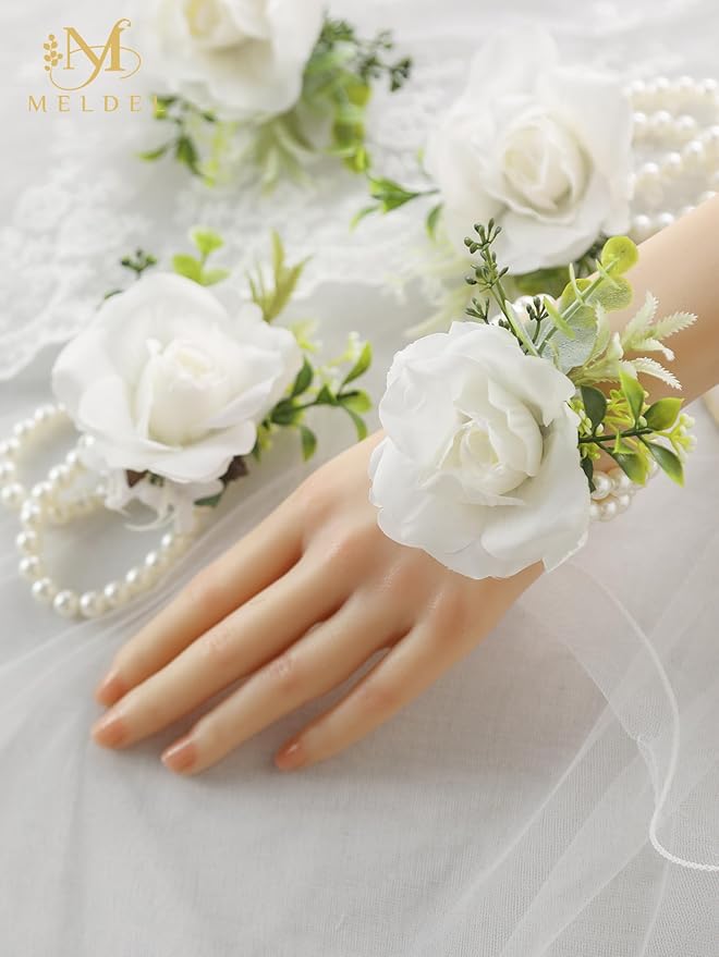 Meldel White Ivory Rose Wrist Corsage, Set of 6, Wedding Bridal Flower Corsage Hand Decor for Prom Party Homecoming, Wristband Flowers Bride, Bridesmaid, Girl