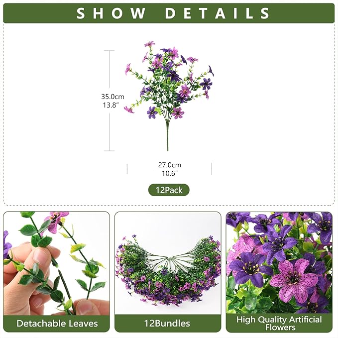 Homsunny Artificial Mums Fake Flowers for Outdoors Decor, 12 Bundles Faux Plants Silk Daisy Flower Outside UV Resistant Decoration for Home Window Patio Porch Yard(Purple)
