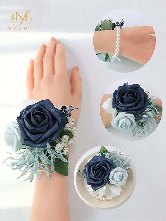 Meldel Navy Blue Wrist Corsage,Set of 6, Homecoming Wrist Flower Girl/Mother Corsages Wristlet Décor Perfect for Bride Bridesmaids Wedding Guests Hand Flower, Proms, Party, Ceremony Anniversary