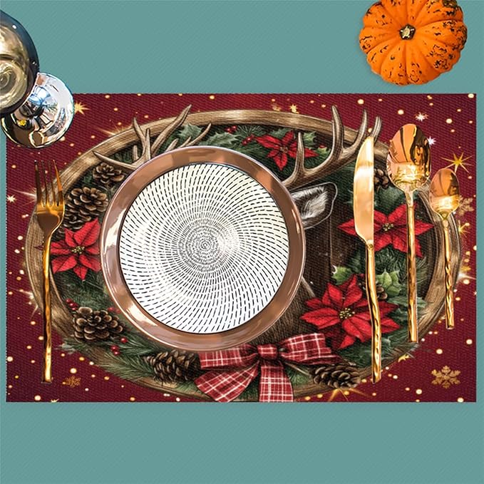 Xmas Christmas Reindeer Poinsettia Red Placemats Set of 6 PVC Vinyl Non Slip Table Mats Heat Resistant Place Mats Washable Wipeable Dining Table Mat for Kitchen Party Indoor Outdoor Decorative Gift