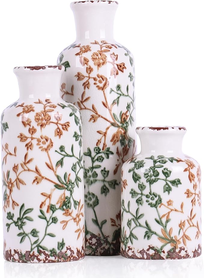Farmhouse Ceramic Vase Set of 3 – Rustic Floral Pattern Decorative Vases for Home Decor, Vintage Country Style Table Centerpieces for Living Room, Shelf, Mantel & Entryway Decoration