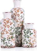Farmhouse Ceramic Vase Set of 3 – Rustic Floral Pattern Decorative Vases for Home Decor, Vintage Country Style Table Centerpieces for Living Room, Shelf, Mantel & Entryway Decoration