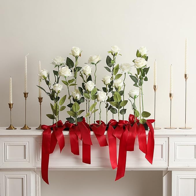 12PCS Artificial Silk Flowers Realistic Roses Bouquet Long Stem for Home Wedding Decoration Party (White -2)