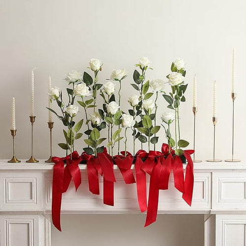 12PCS Artificial Silk Flowers Realistic Roses Bouquet Long Stem for Home Wedding Decoration Party (White -2)
