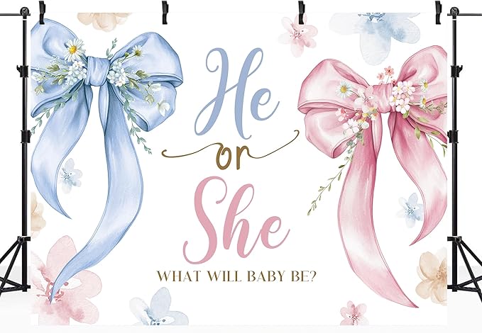 Riyidecor Gender Reveal Backdrop Polyester Fabric Bow Watercolor Floral What Will Baby Be 8Wx6H Feet Pink Blue He or She Baby Shower Floral Leaves Photography Background Newborn Photo Studio Shoot